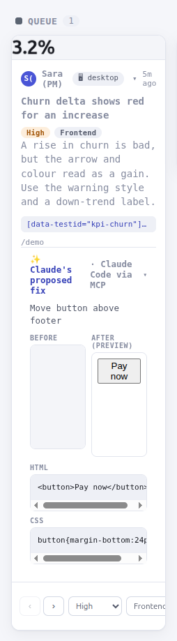 An open dashboard card