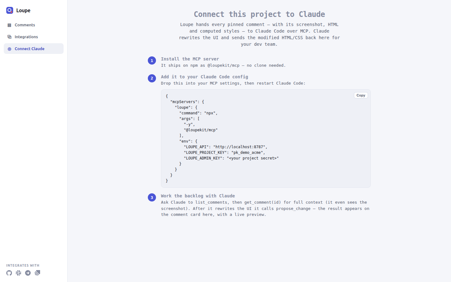 The Connect Claude page with an MCP configuration