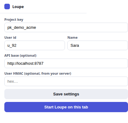 The extension popup with project key, user id, name and API base fields