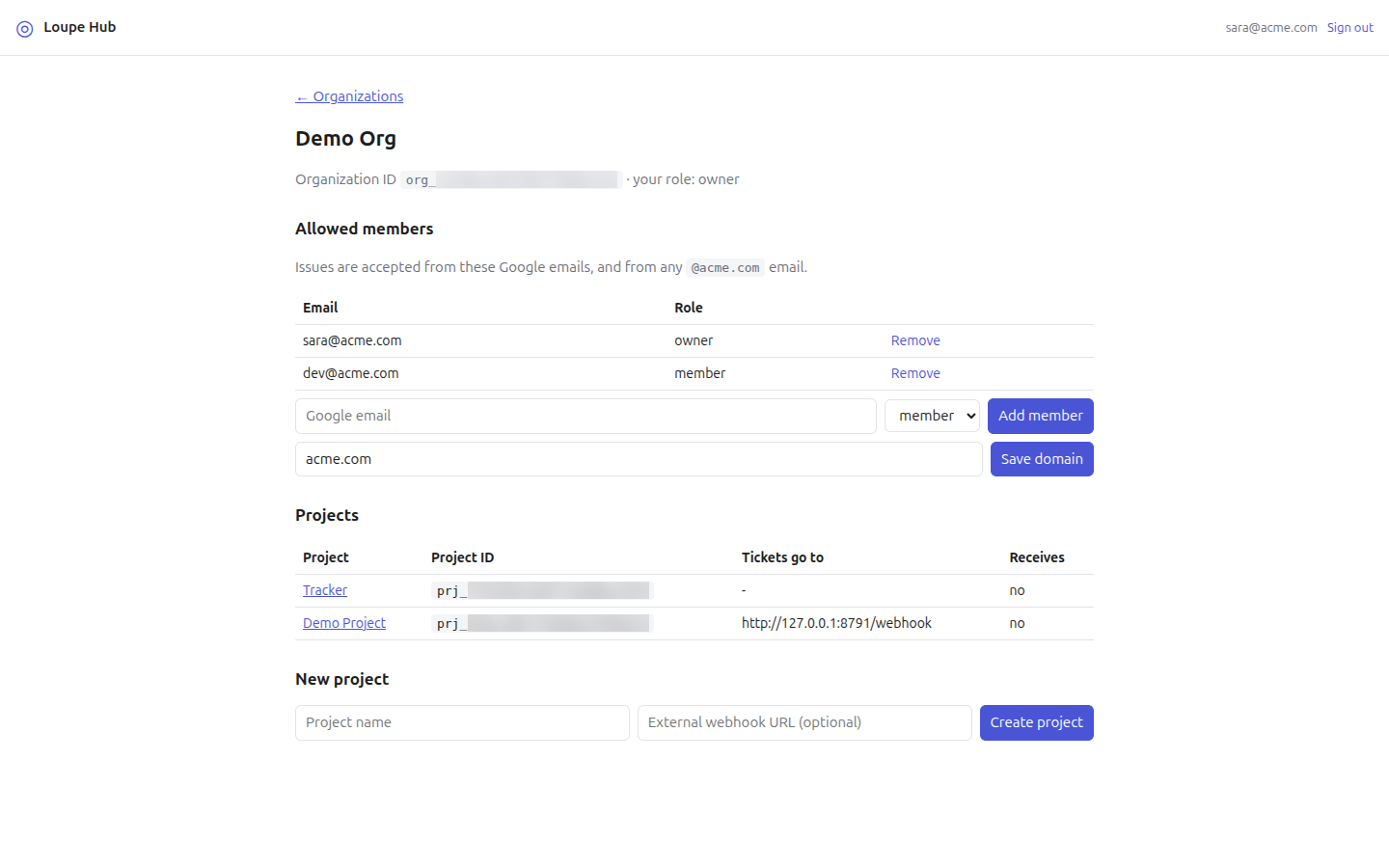 An organization page with members and projects