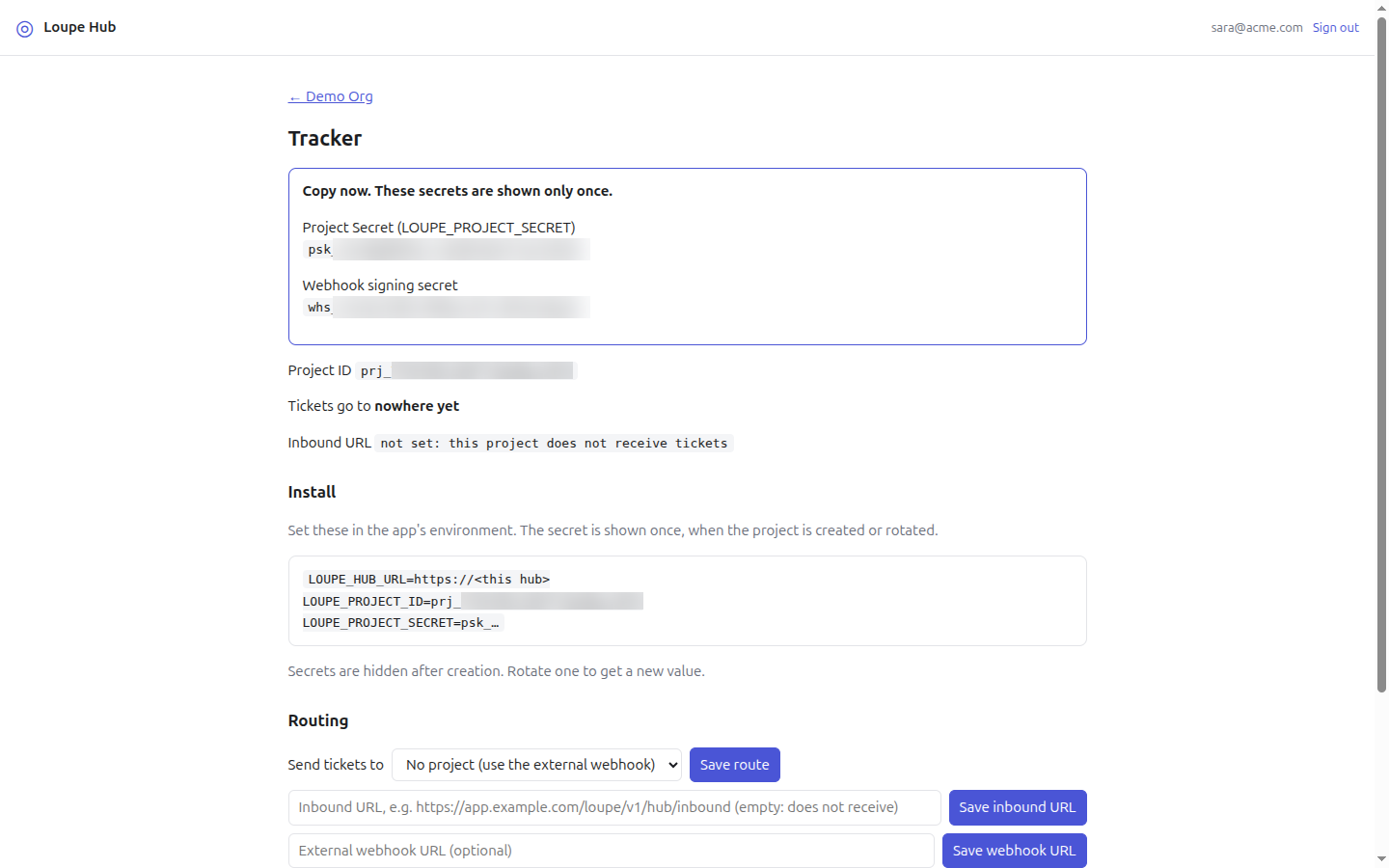 The page that shows new project secrets once