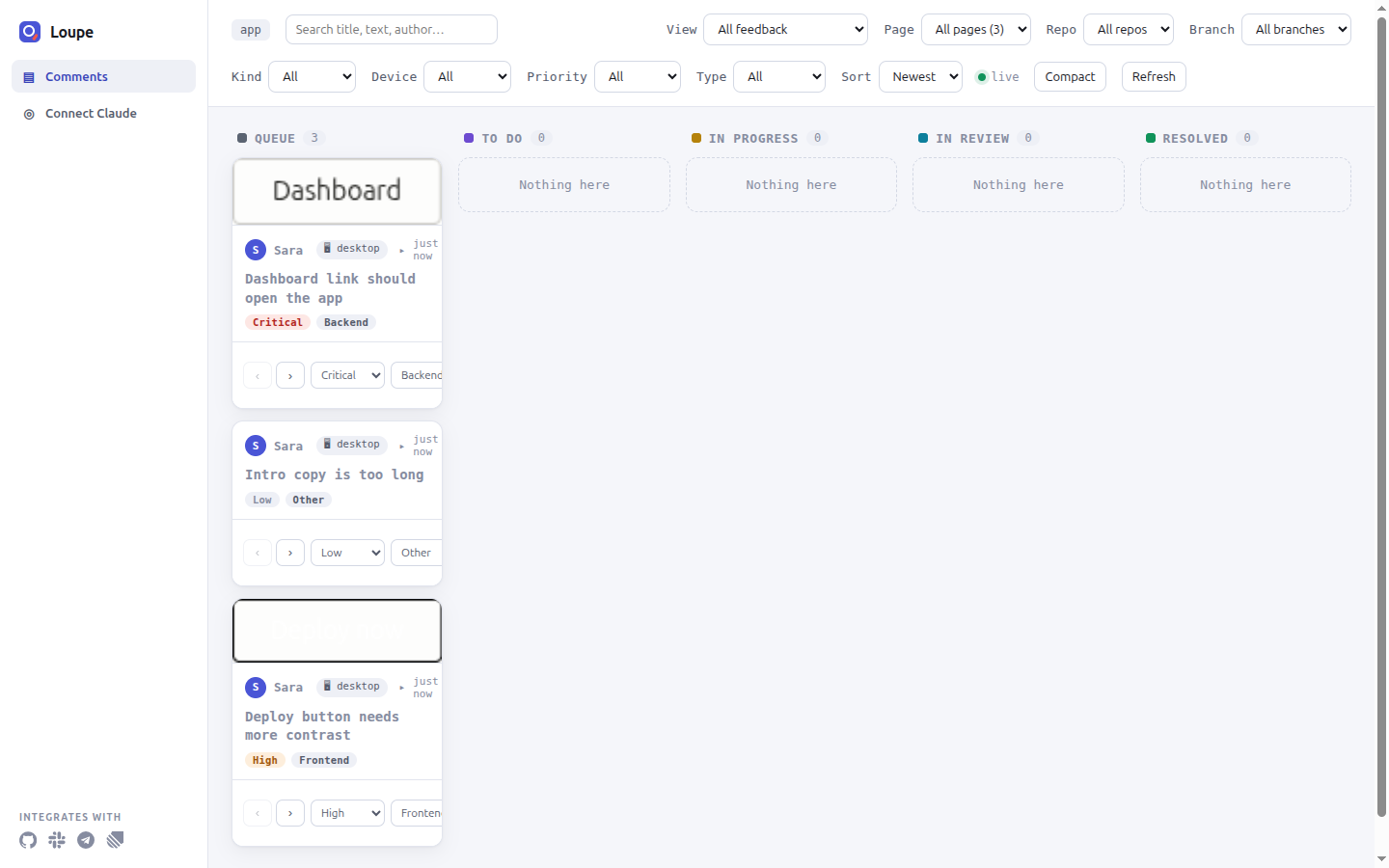 The Loupe dashboard inside a Laravel app