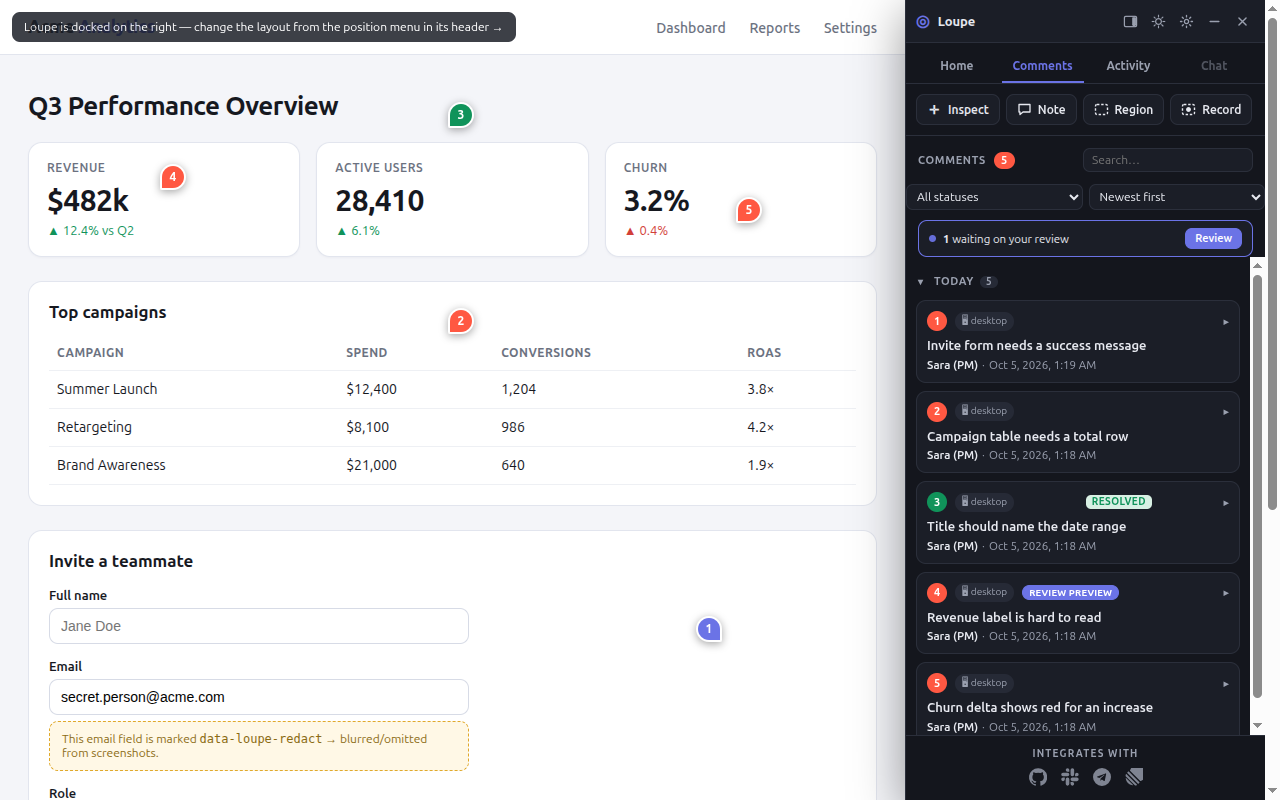 The Comments list with search, status filter and day groups