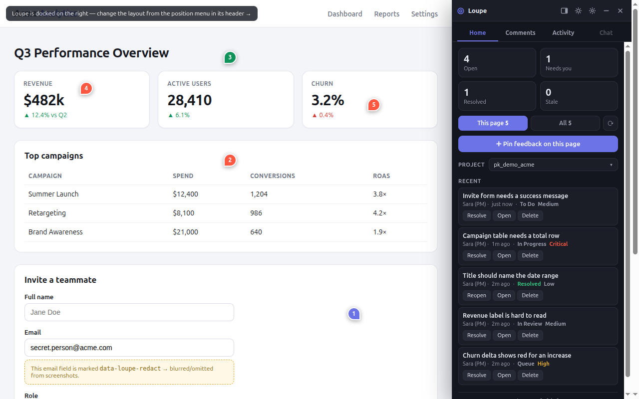 The Loupe widget's Home tab: tiles for Open, Needs you, Resolved and Stale comments, This page and All scope chips, a Pin feedback on this page button, and a feed of recent comments.