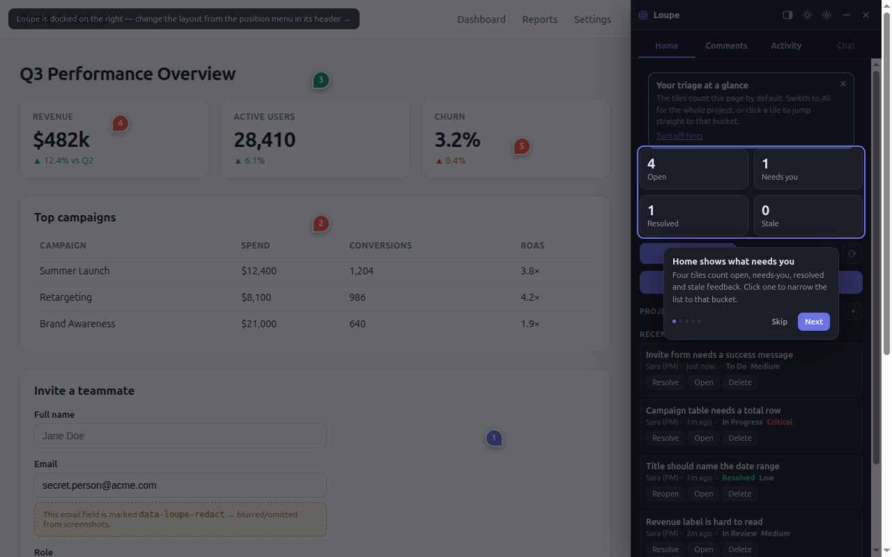 The Loupe panel on the demo page with the first tour card highlighted